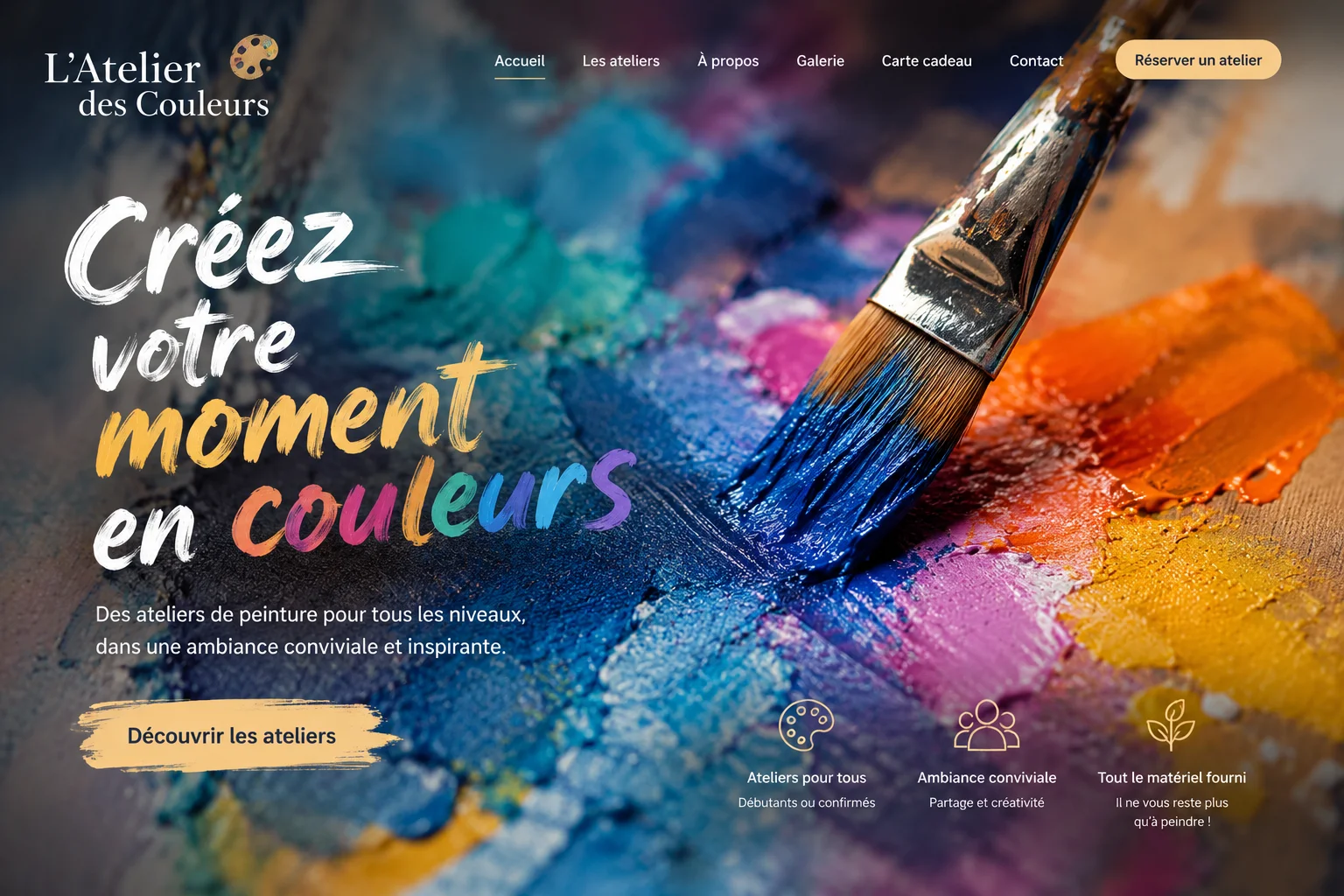 Landing page d'un atelier de peinture pour tous niveaux