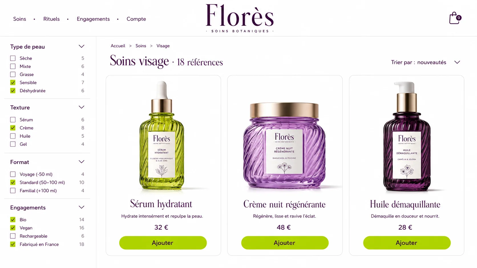 Catalogue produit d'une marque de cosmétique bio